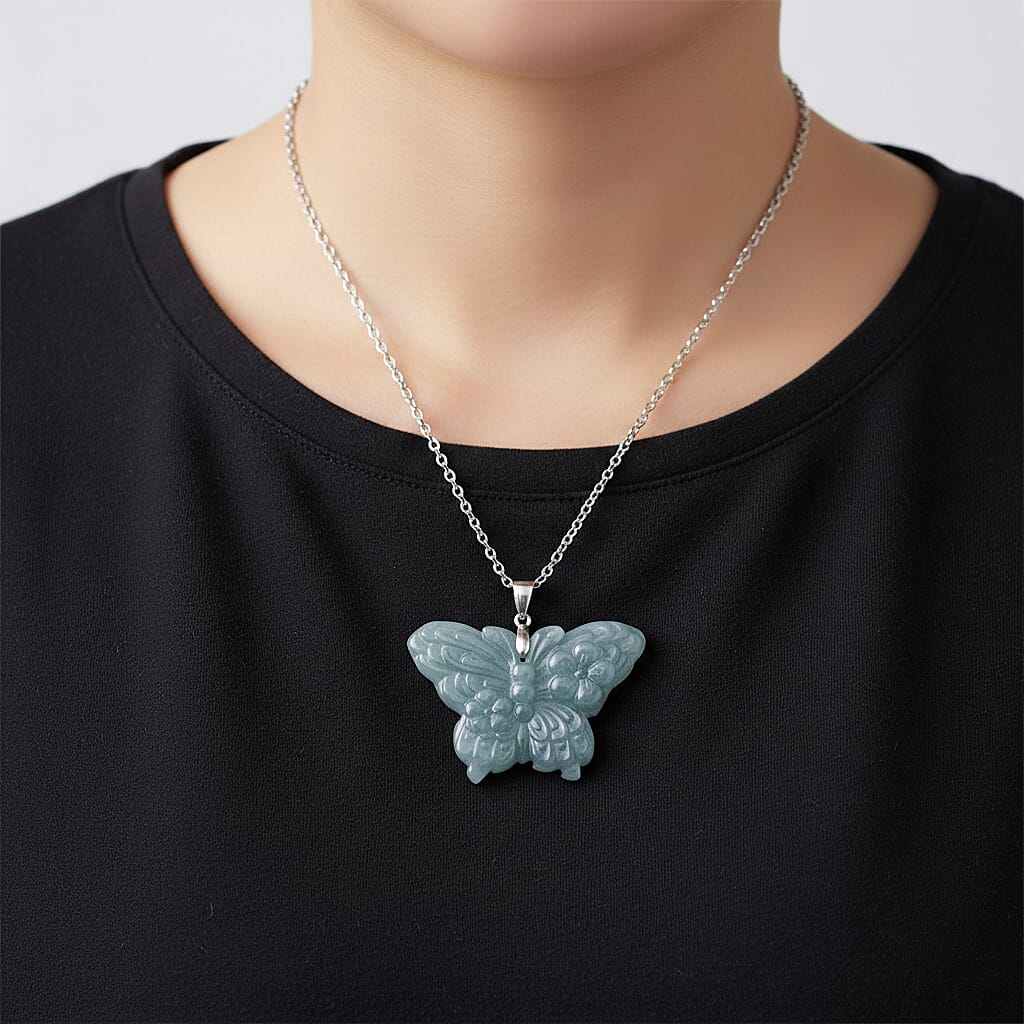 Natural Olmec Jadeite 35.00 ctw Carved Butterfly Pendant Necklace in Rhodium Over Sterling Silver (20 Inches)