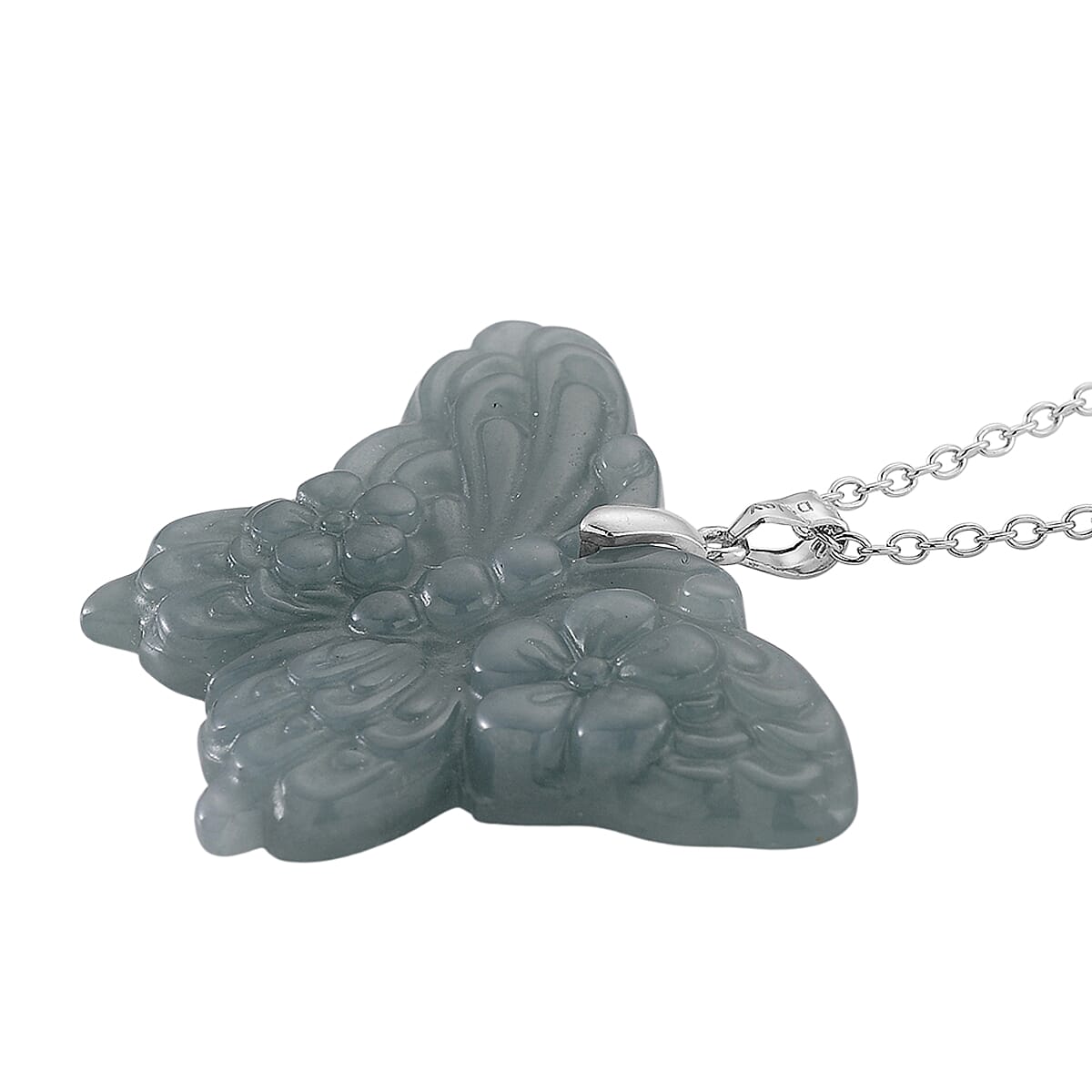 Natural Olmec Jadeite 35.00 ctw Carved Butterfly Pendant Necklace in Rhodium Over Sterling Silver (20 Inches) image number 1