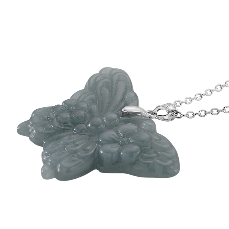 Natural Olmec Jadeite 35.00 ctw Carved Butterfly Pendant Necklace in Rhodium Over Sterling Silver (20 Inches)