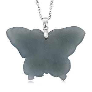 Natural Olmec Jadeite 35.00 ctw Carved Butterfly Pendant Necklace in Rhodium Over Sterling Silver (20 Inches)