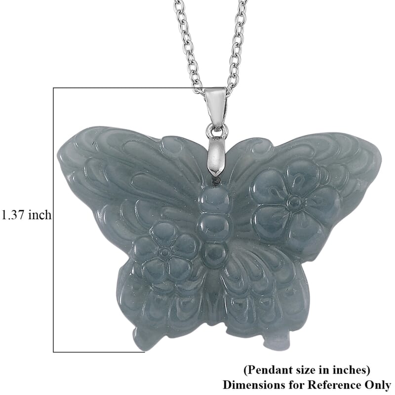 Natural Olmec Jadeite 35.00 ctw Carved Butterfly Pendant Necklace in Rhodium Over Sterling Silver (20 Inches)