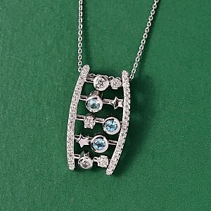 GP Swiss Blue Topaz and White Zircon 1.45 ctw Pendant Necklace (20 Inches) in Rhodium Over Sterling Silver