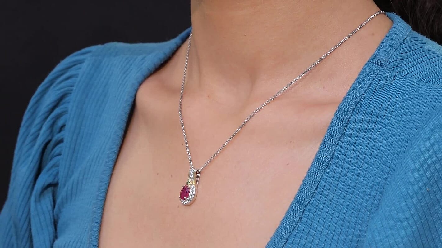 EverTrue Niassa Ruby and Multi Gemsotne 1.70 ctw Pendant in 18K YG Plated and Platinum Bond with Stainless Steel Necklace 20 Inches