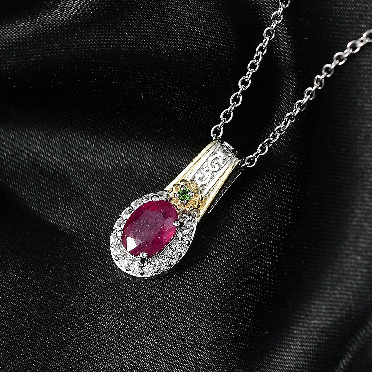 EverTrue Niassa Ruby and Multi Gemsotne 1.70 ctw Pendant in 18K YG Plated and Platinum Bond with Stainless Steel Necklace 20 Inches image number 1