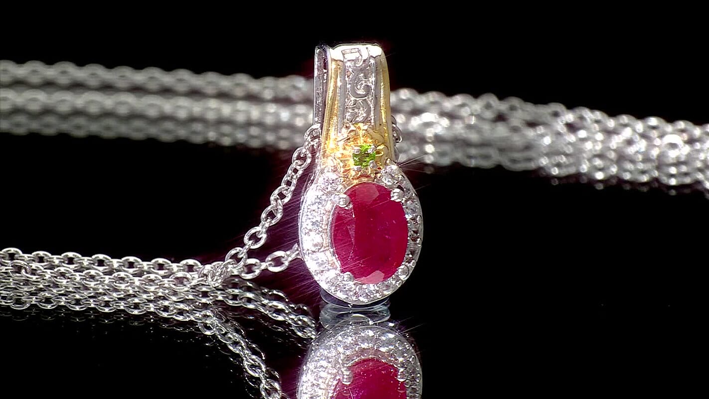EverTrue Niassa Ruby and Multi Gemsotne 1.70 ctw Pendant in 18K YG Plated and Platinum Bond with Stainless Steel Necklace 20 Inches