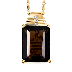 EverTrue Smoky Quartz and White Zircon 11.75 ctw Pendant in 18K YG Plated with ION Plated YG Stainless Steel Necklace 20 Inches