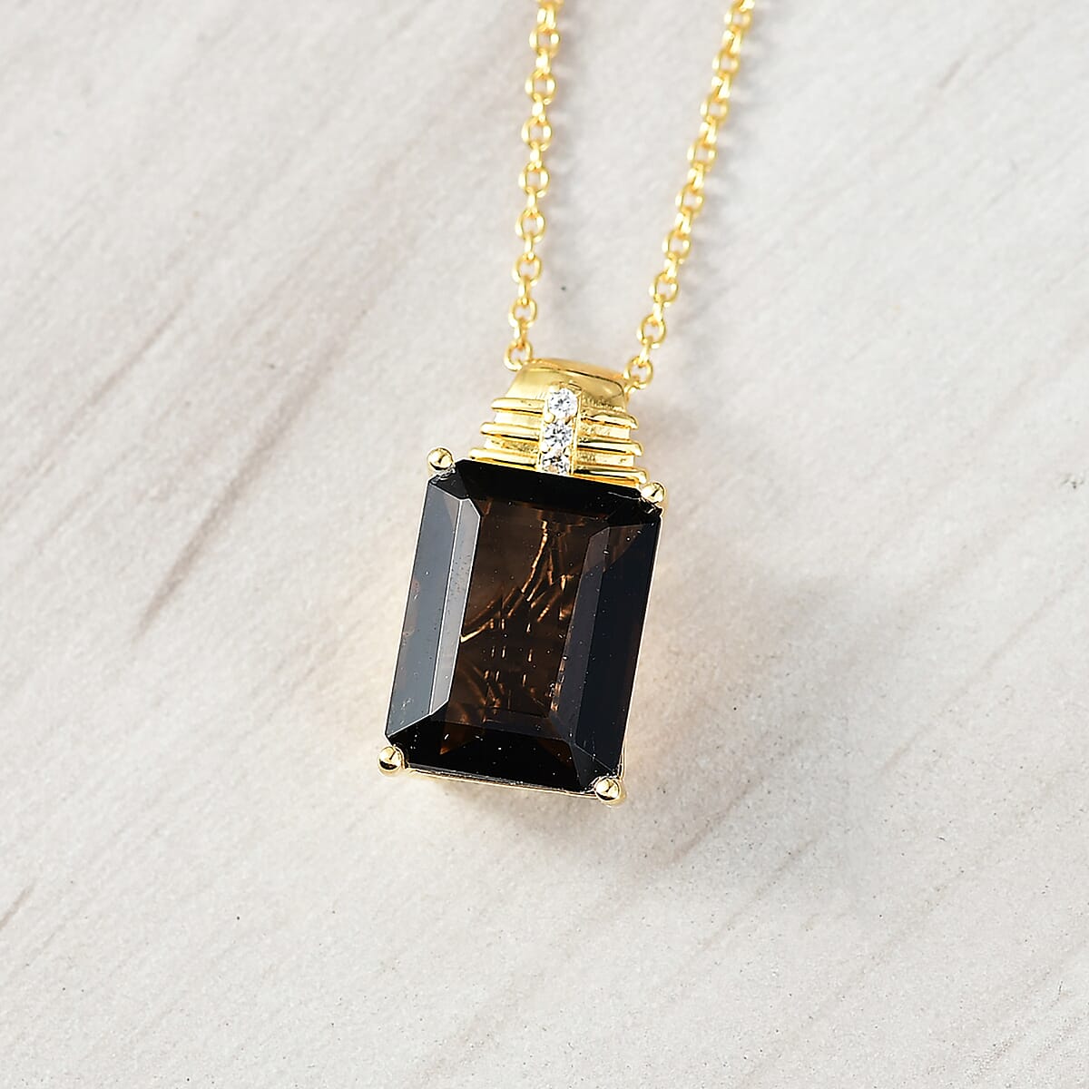 EverTrue Smoky Quartz and White Zircon 11.75 ctw Pendant in 18K YG Plated with ION Plated YG Stainless Steel Necklace 20 Inches image number 1