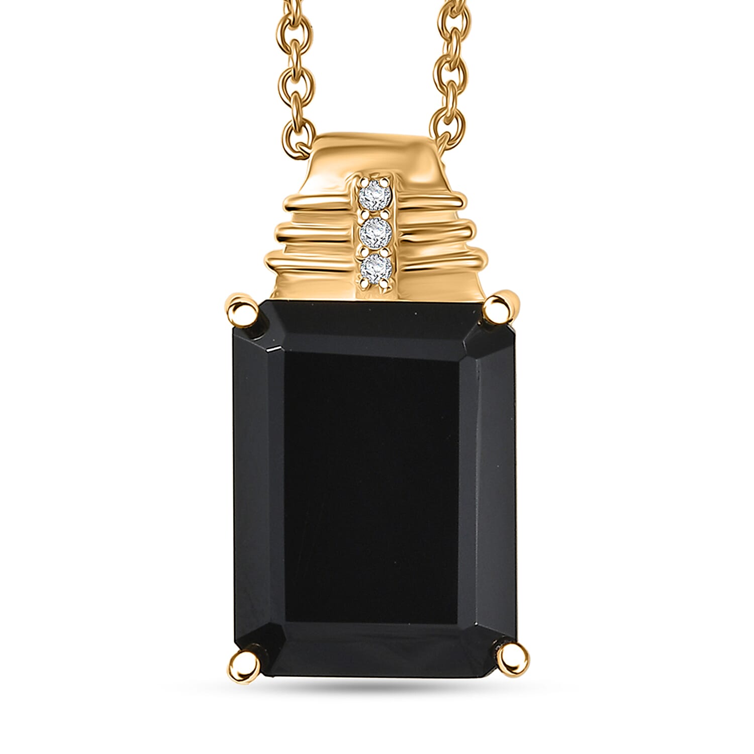 EverTrue Thai Black Spinel and White Zircon 16.60 ctw Pendant in 18K YG Plated with ION Plated YG Stainless Steel Necklace 20 In