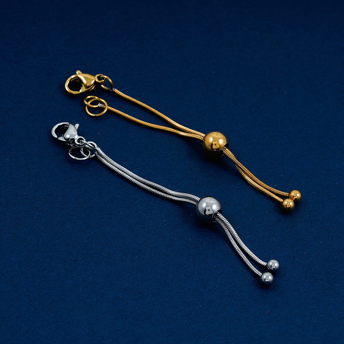 Set of 2 9mm Lobster Lock with 2 Inch Snake Extender Chain, 6mm Adjusting Beads in Rhodium Over and ION Plated YG Stainless Steel image number 1