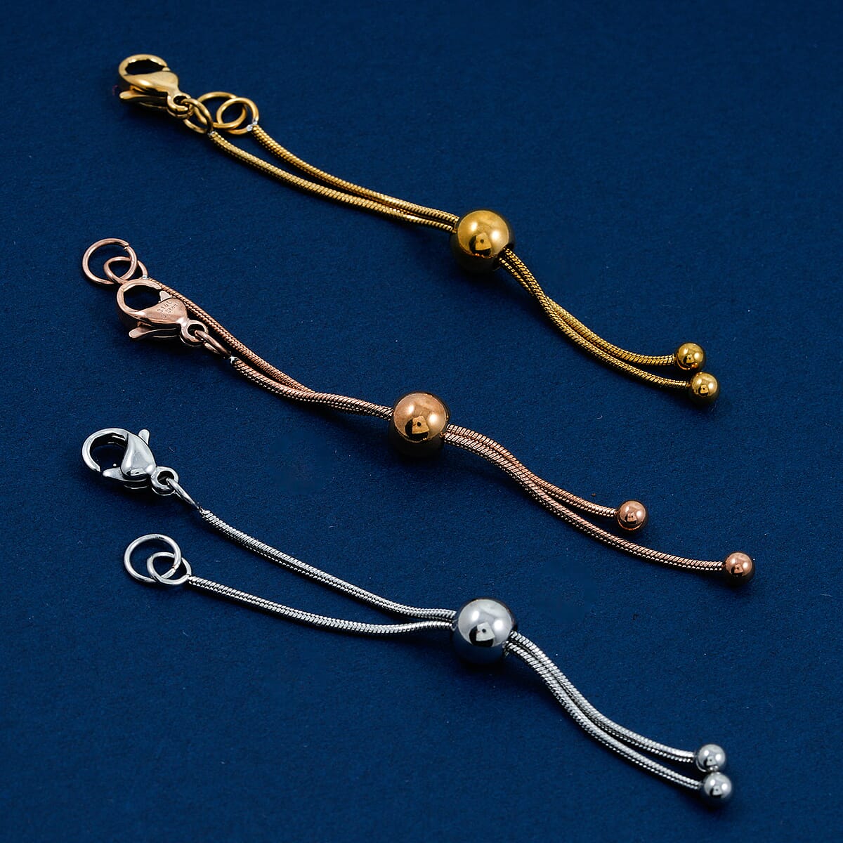 Set of 3 - 9mm Lobster Lock with Each side 2 Inch Snake Extender Chain, 6mm Adjusting Beads in ION Plated YRG and Stainless Steel image number 1