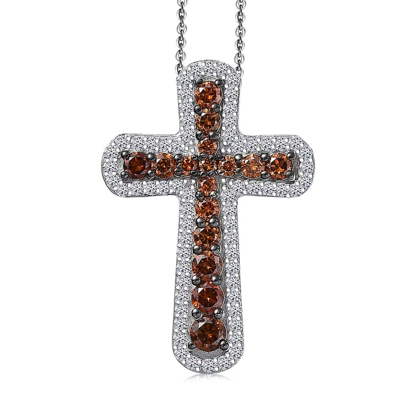 Luxuriant Lab Grown Red Diamond (IR) and Lab Grown Diamond 1.00 ctw Eternal Rouge Cross Pendant Necklace 20 Inches in Rhodium Over Sterling Silver