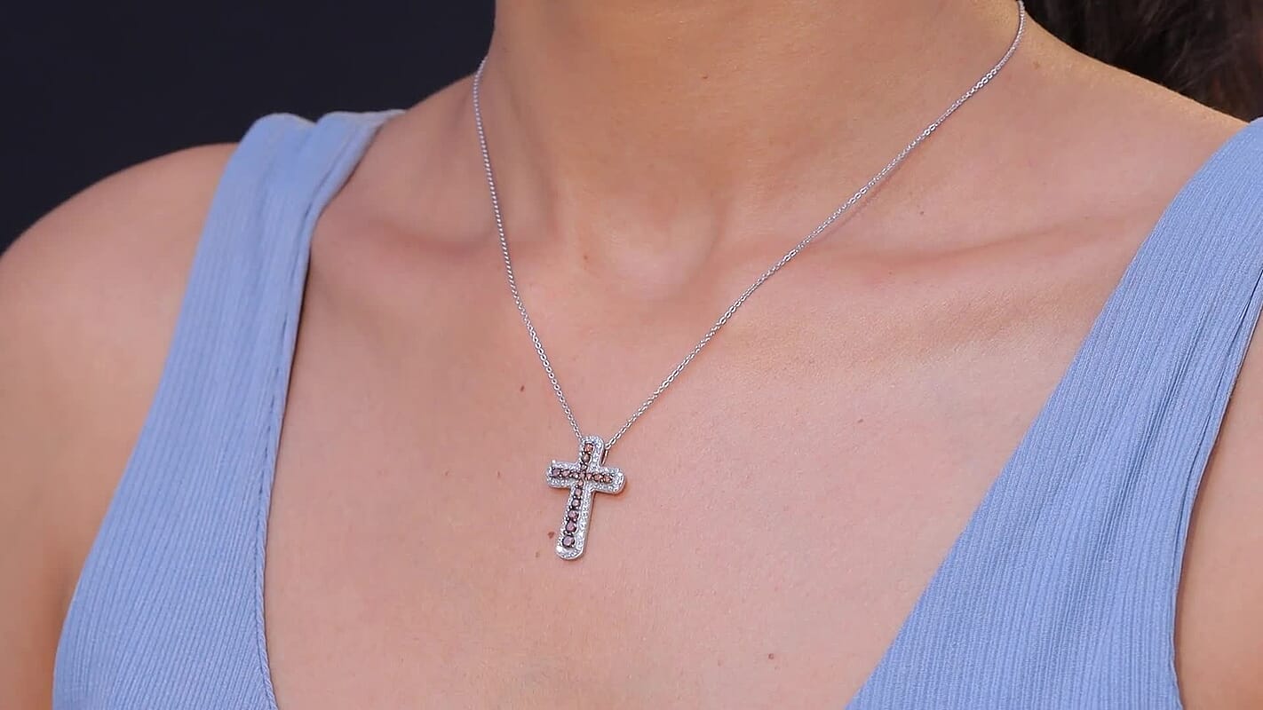 Luxuriant Lab Grown Red Diamond (IR) and Lab Grown Diamond 1.00 ctw Eternal Rouge Cross Pendant Necklace 20 Inches in Rhodium Over Sterling Silver