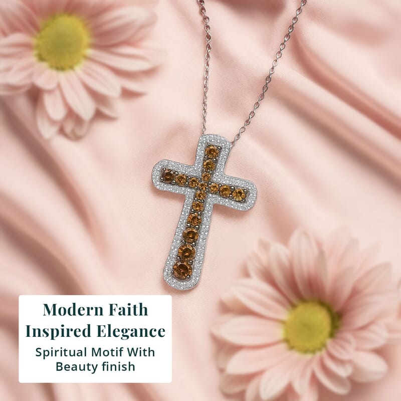 Luxuriant Lab Grown Red Diamond (IR) and Lab Grown Diamond 1.00 ctw Eternal Rouge Cross Pendant Necklace 20 Inches in Rhodium Over Sterling Silver