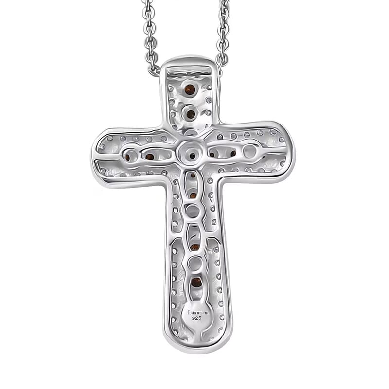 Luxuriant Lab Grown Red Diamond (IR) and Lab Grown Diamond 1.00 ctw Eternal Rouge Cross Pendant Necklace 20 Inches in Rhodium Over Sterling Silver