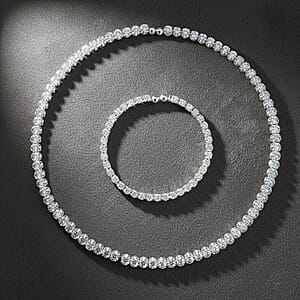 2 Piece Set Simulated Diamond Chocker Necklace 17.0 Inches and Bracelet (7.5In) in Silvertone