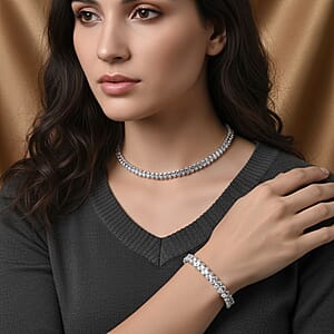 2 Piece Set Simulated Diamond Chocker Necklace 17.0 Inches and Bracelet (7.5In) in Silvertone