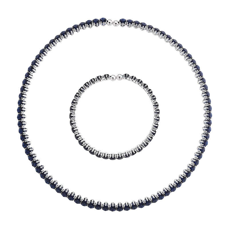 2 Piece Set Simulated Blue Diamond Iconic Tennis Necklace 17 Inches and Bracelet (7.5In) in Silvertone