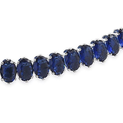 2 Piece Set Simulated Blue Diamond Iconic Tennis Necklace 17 Inches and Bracelet (7.5In) in Silvertone