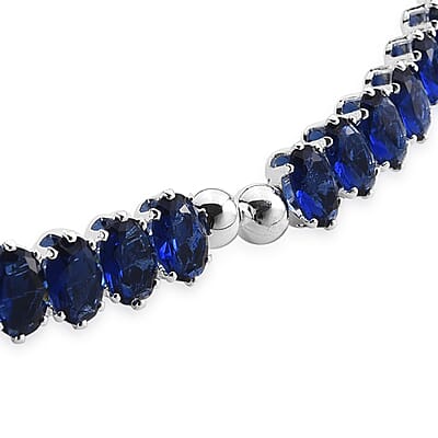 2 Piece Set Simulated Blue Diamond Iconic Tennis Necklace 17 Inches and Bracelet (7.5In) in Silvertone