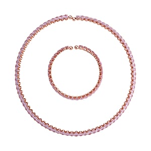 2 Piece Set Simulated Pink Diamond Chocker Necklace 17 Inches and Bracelet (7.5In) in Rosetone