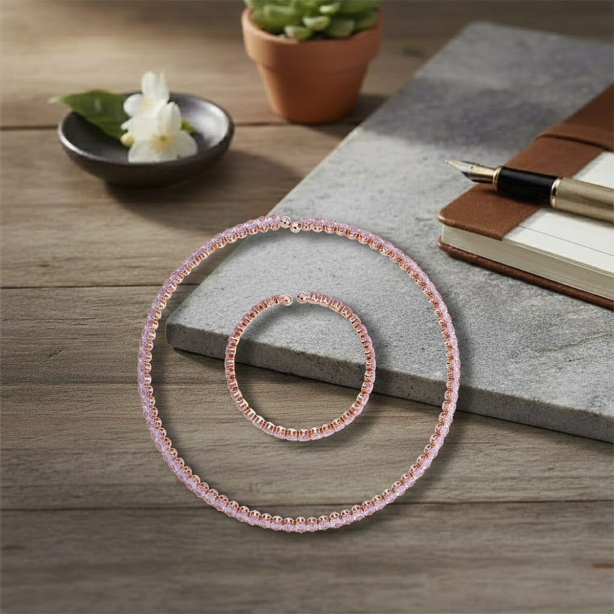 2 Piece Set Simulated Pink Diamond Chocker Necklace 17 Inches and Bracelet (7.5In) in Rosetone image number 1