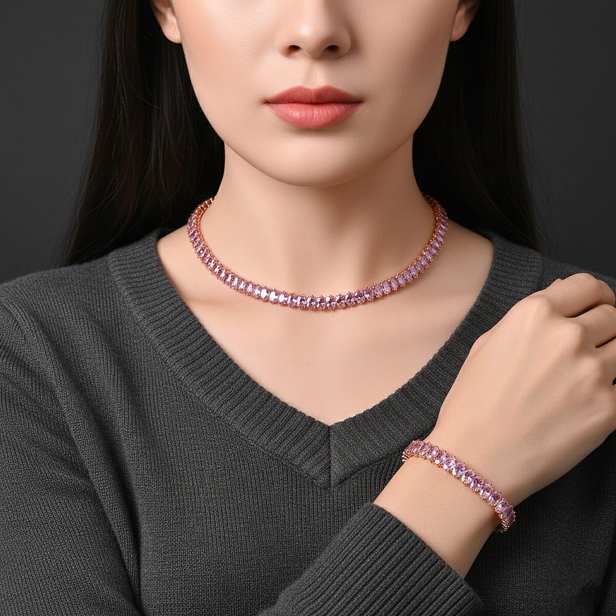 2 Piece Set Simulated Pink Diamond Chocker Necklace 17 Inches and Bracelet (7.5In) in Rosetone image number 2