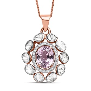 D'Joy Martha Rocha Kunzite, Lab Grown Polki Diamond Pendant Necklace in 18K Vermeil RG Over Sterling Silver 5.10 ctw (20 Inches) (Del. in 7-10 Days)