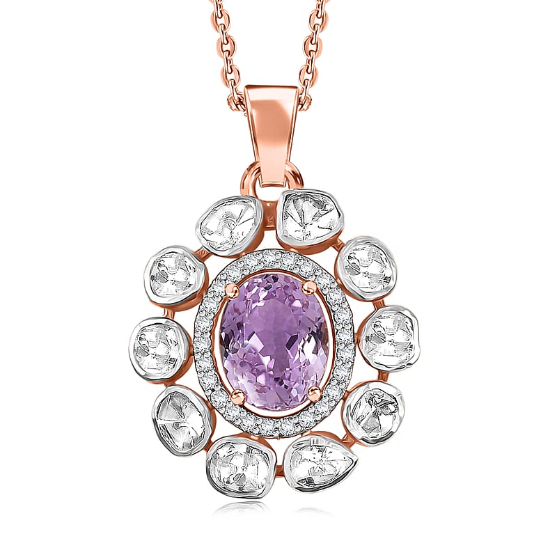 D'Joy Martha Rocha Kunzite, Lab Grown Polki Diamond Pendant Necklace in 18K Vermeil RG Over Sterling Silver 5.10 ctw (20 Inches)