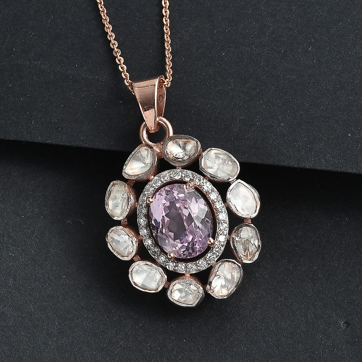 D'Joy Martha Rocha Kunzite, Lab Grown Polki Diamond Pendant Necklace in 18K Vermeil RG Over Sterling Silver 5.10 ctw (20 Inches) (Del. in 7-10 Days) image number 1