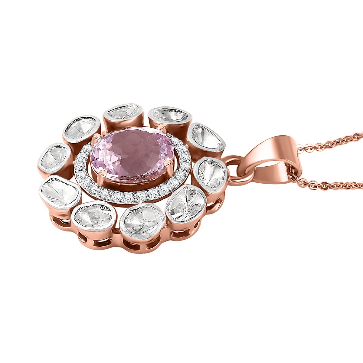 D'Joy Martha Rocha Kunzite, Lab Grown Polki Diamond Pendant Necklace in 18K Vermeil RG Over Sterling Silver 5.10 ctw (20 Inches) (Del. in 7-10 Days) image number 3