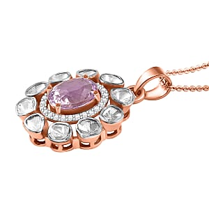 D'Joy Martha Rocha Kunzite, Lab Grown Polki Diamond Pendant Necklace in 18K Vermeil RG Over Sterling Silver 5.10 ctw (20 Inches)