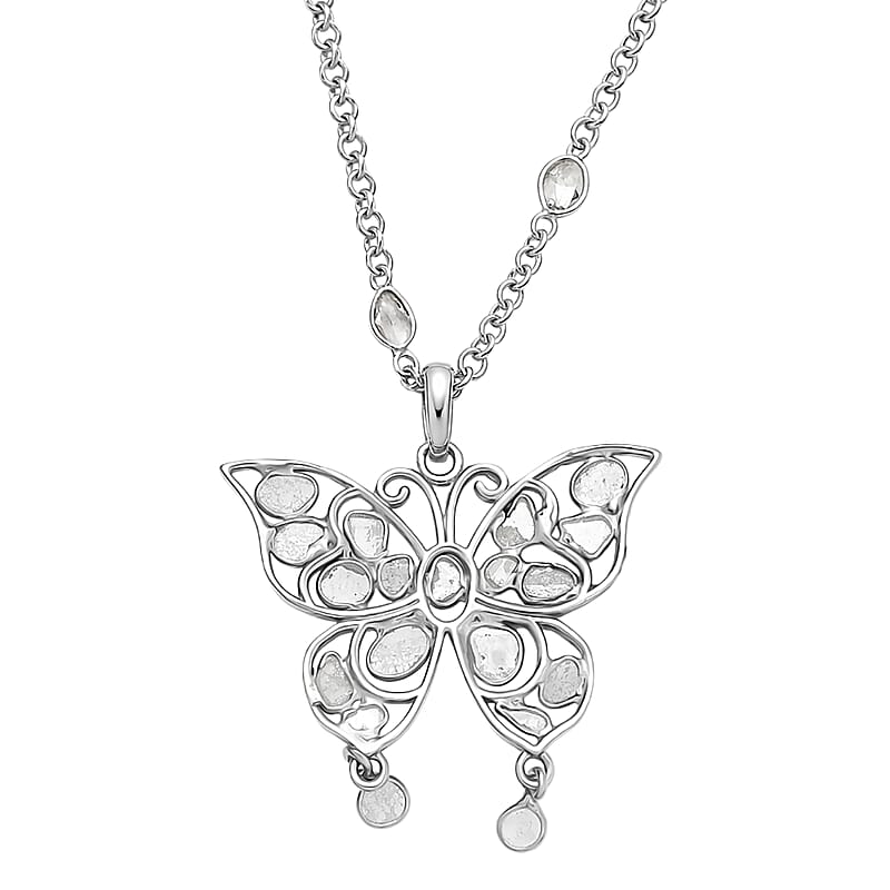 GP Celestial Dream Collection Polki Diamond Butterfly Pendant Necklace in Platinum Over Sterling Silver 3.50 ctw (20 Inches)