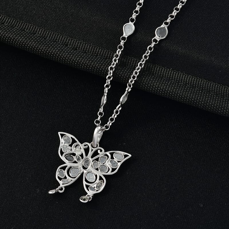GP Celestial Dream Collection Polki Diamond Butterfly Pendant Necklace in Platinum Over Sterling Silver 3.50 ctw (20 Inches)