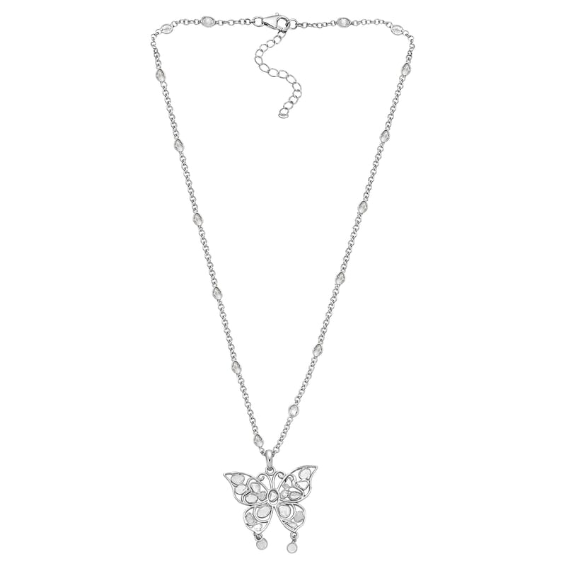 GP Celestial Dream Collection Polki Diamond Butterfly Pendant Necklace in Platinum Over Sterling Silver 3.50 ctw (20 Inches)