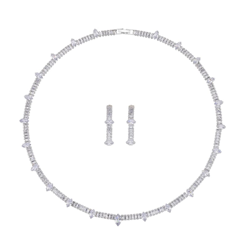 Simulated Diamond Designer Style Everyday Luxury Set Necklace 20 Inches and Earrings in Silvertone