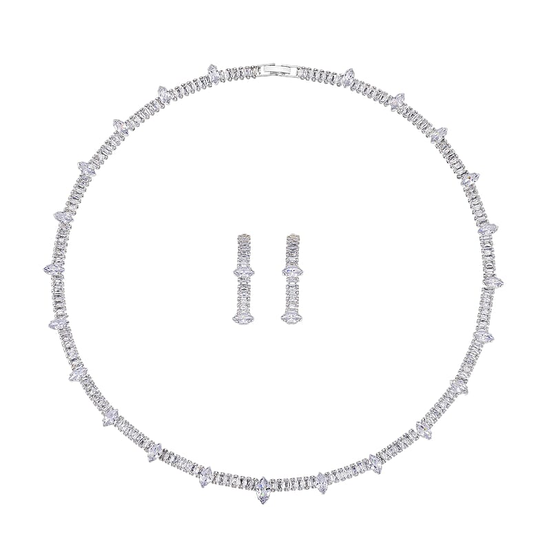 Simulated Diamond Designer Style Everyday Luxury Set Necklace 20 Inches and Earrings in Silvertone