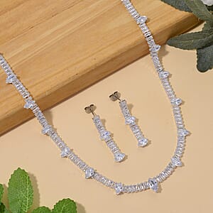 Doorbuster Simulated Diamond Designer Style Everyday Luxury Set Necklace 20 Inches and Earrings in Silvertone