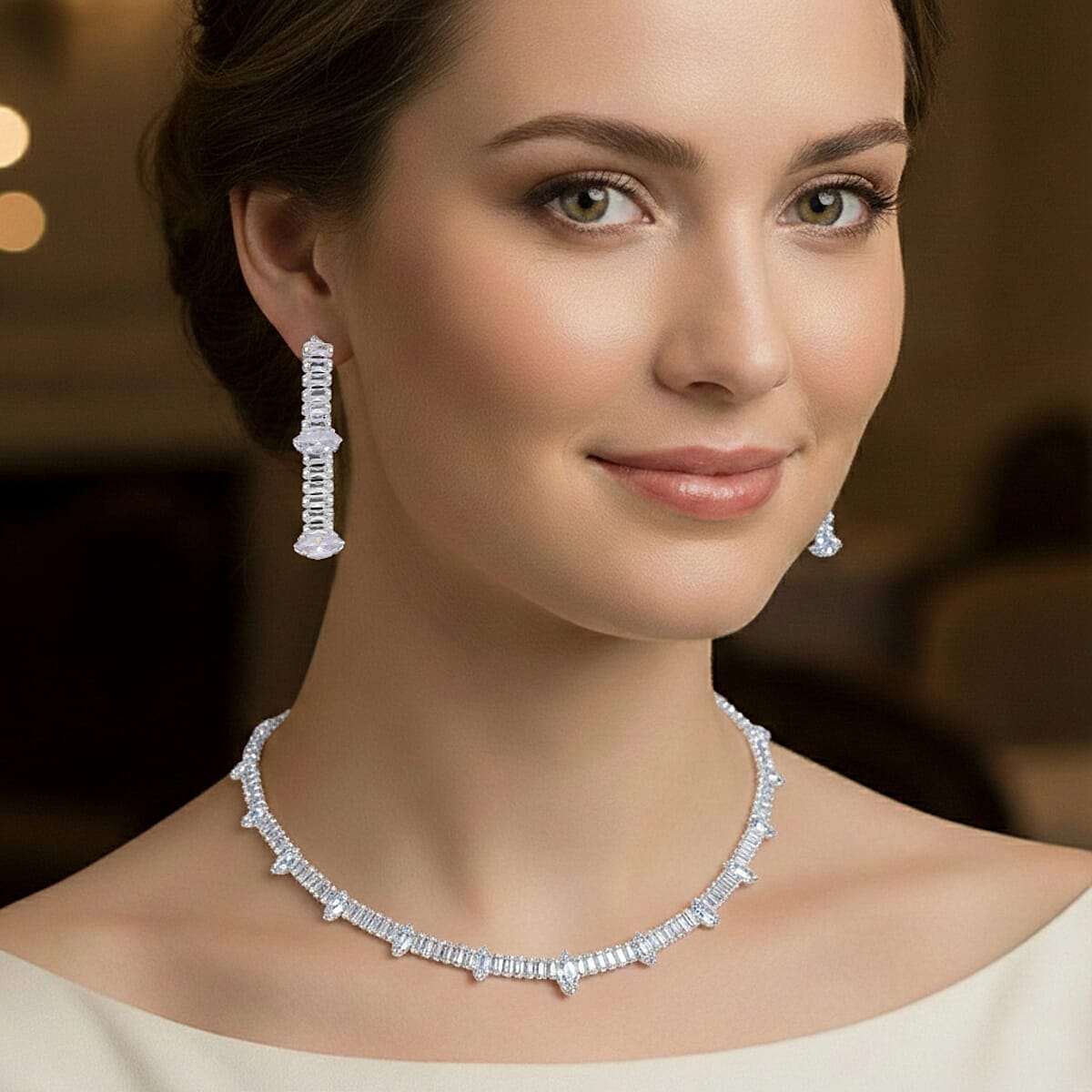 Doorbuster Simulated Diamond Necklace (20 INches) and Earrings in Silvertone image number 2