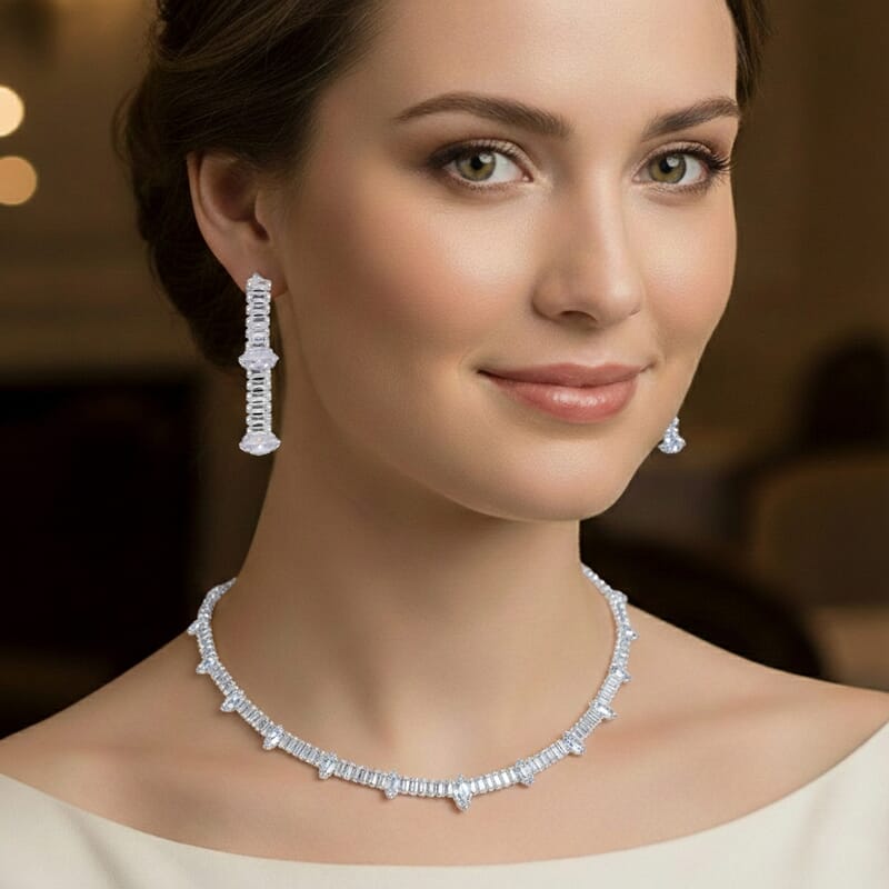 Simulated Diamond Designer Style Everyday Luxury Set Necklace 20 Inches and Earrings in Silvertone