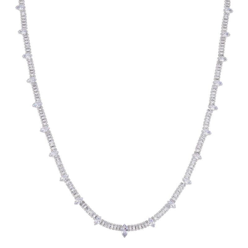 Simulated Diamond Designer Style Everyday Luxury Set Necklace 20 Inches and Earrings in Silvertone