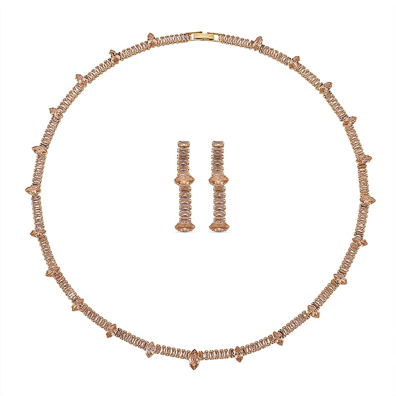 Simulated Champagne Color Diamond Designer Style Everyday Luxury Set Necklace 20 Inches and Earrings in Goldtone
