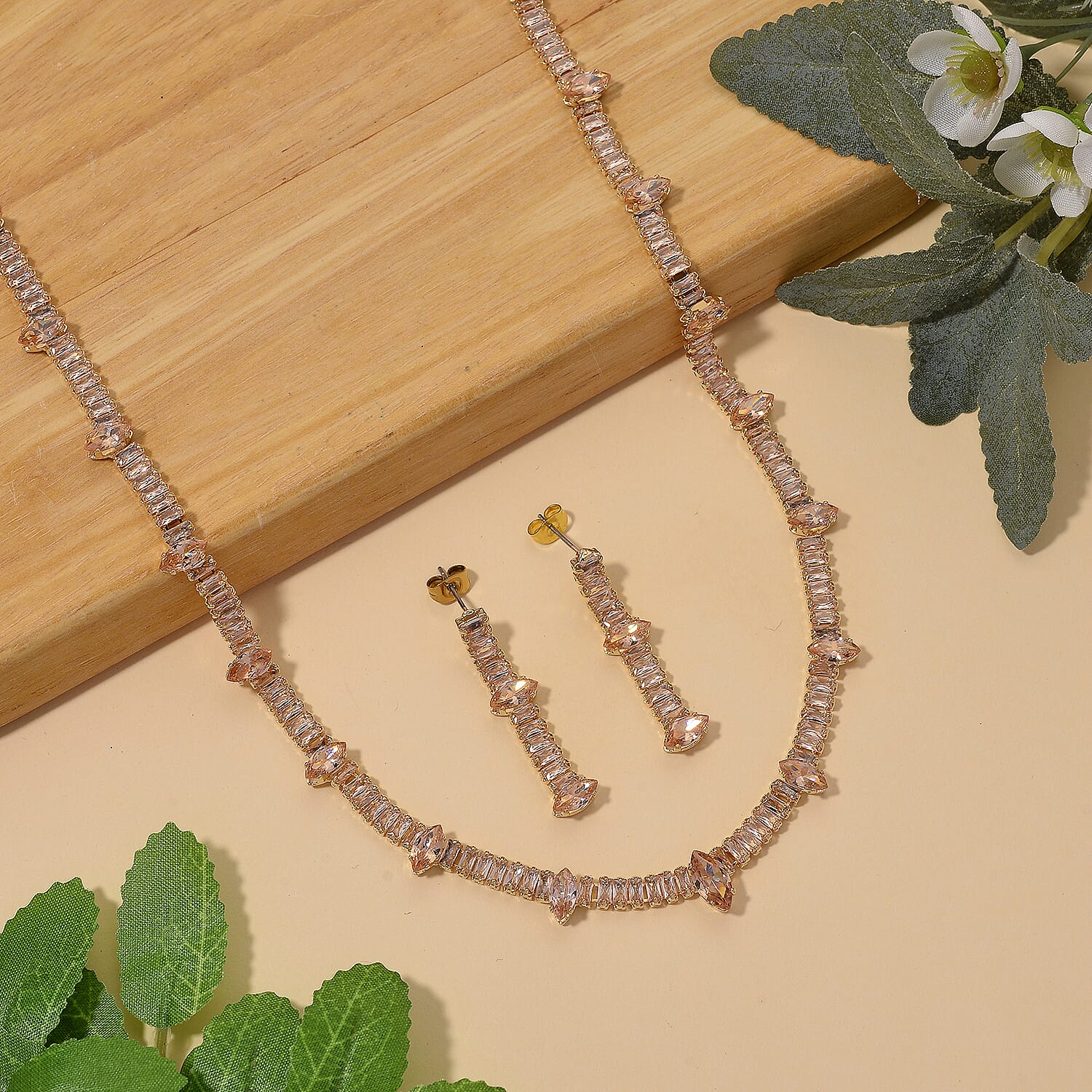 Simulated Diamond Necklace (20 INches) and Earrings in Silvertone