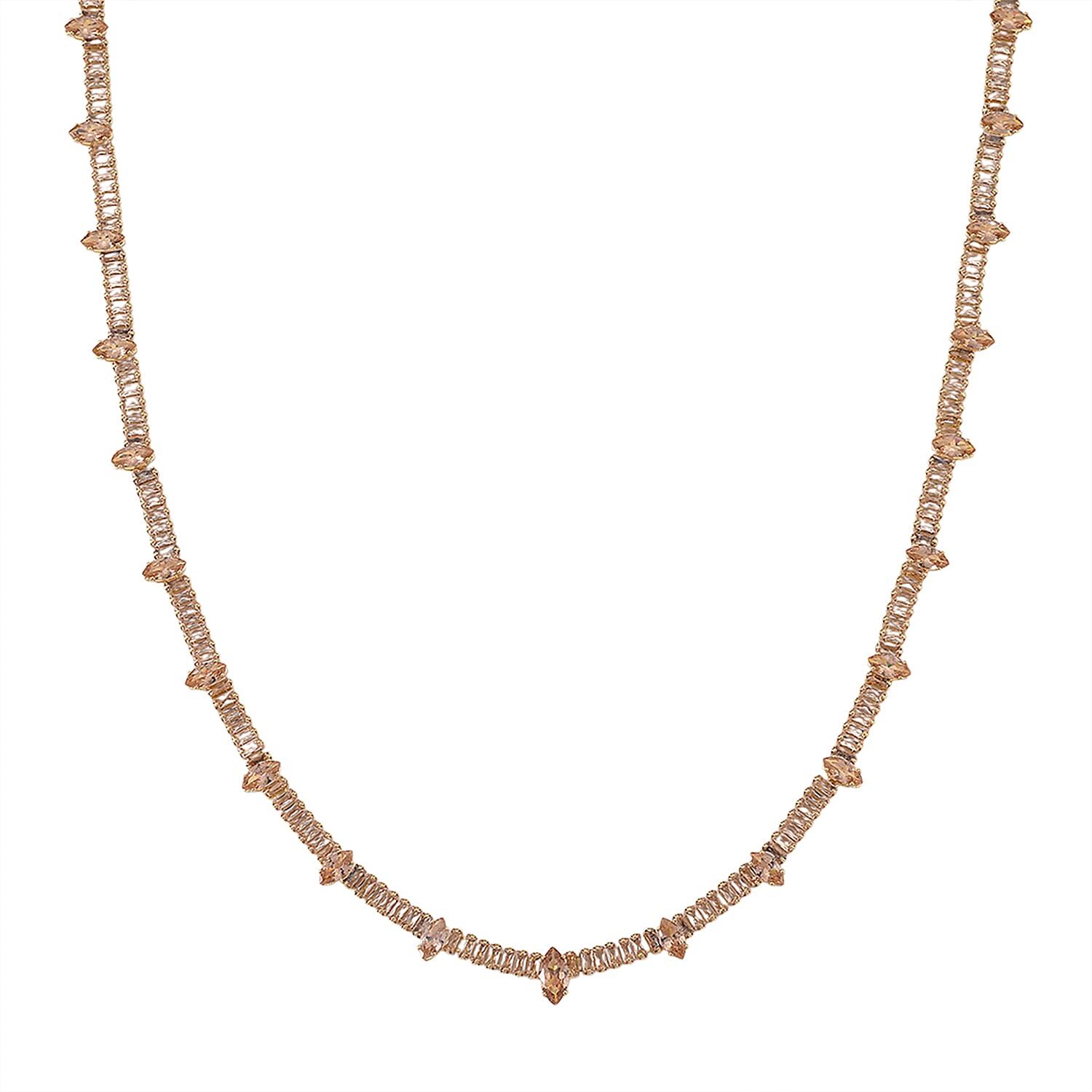 Simulated Champagne Color Diamond Designer Style Everyday Luxury Set Necklace 20 Inches and Earrings in Goldtone