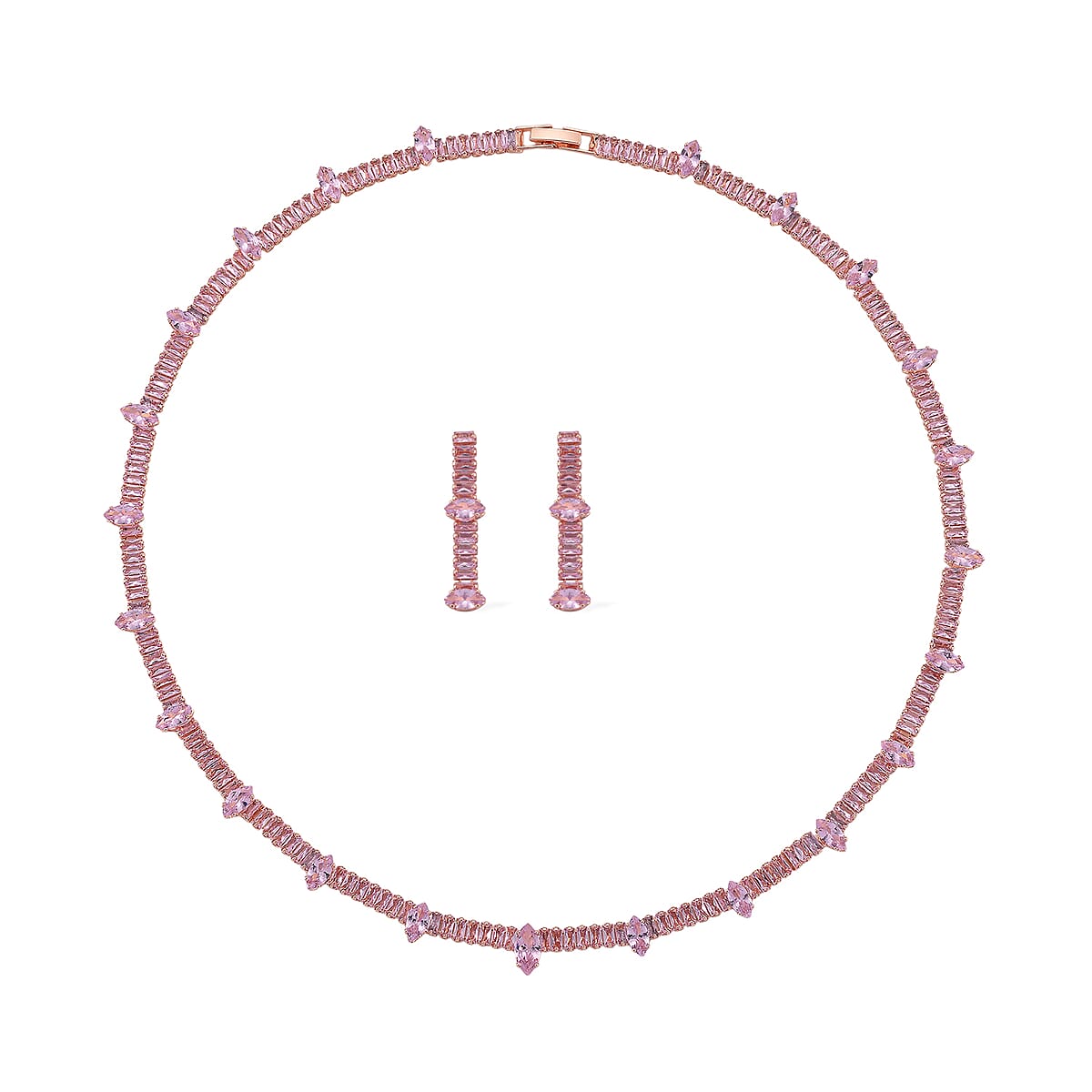 Doorbuster Simulated PInk Diamond Necklace (20 Inches) and Earrings in Rosetone image number 0