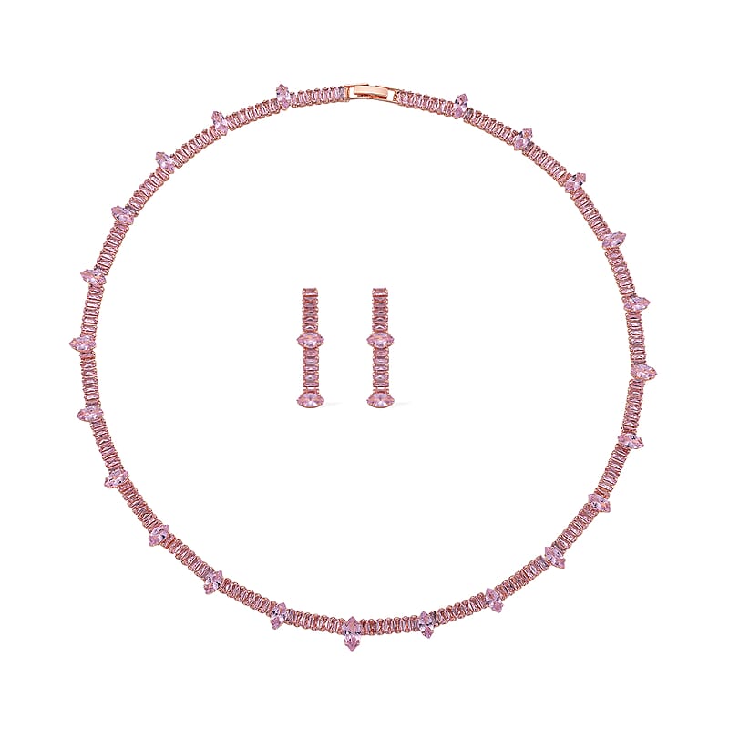 Simulated Pink Diamond Designer Style Everyday Luxury Set Necklace (20 Inches) and Earrings in Rosetone