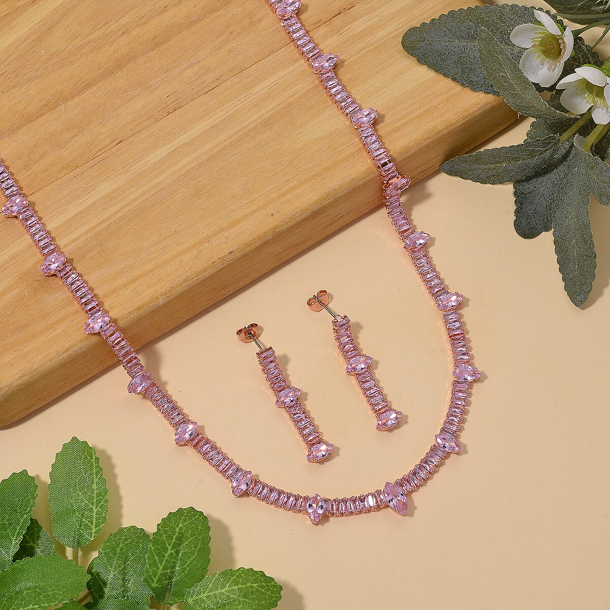 Doorbuster Simulated PInk Diamond Necklace (20 Inches) and Earrings in Rosetone image number 1