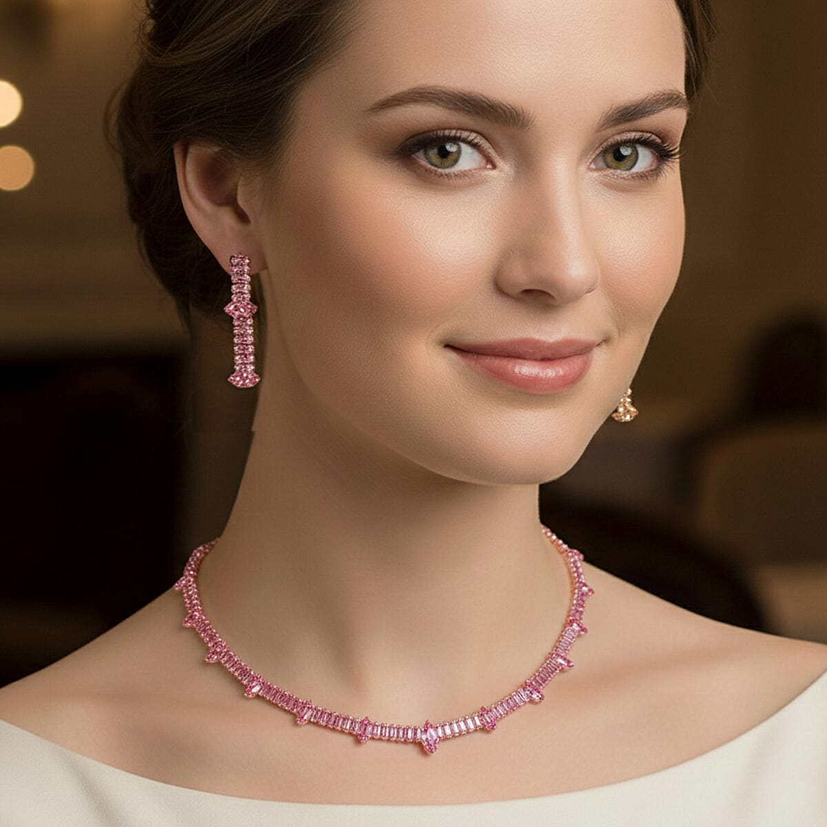 Doorbuster Simulated PInk Diamond Necklace (20 Inches) and Earrings in Rosetone image number 2