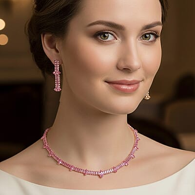 Simulated Pink Diamond Designer Style Everyday Luxury Set Necklace (20 Inches) and Earrings in Rosetone
