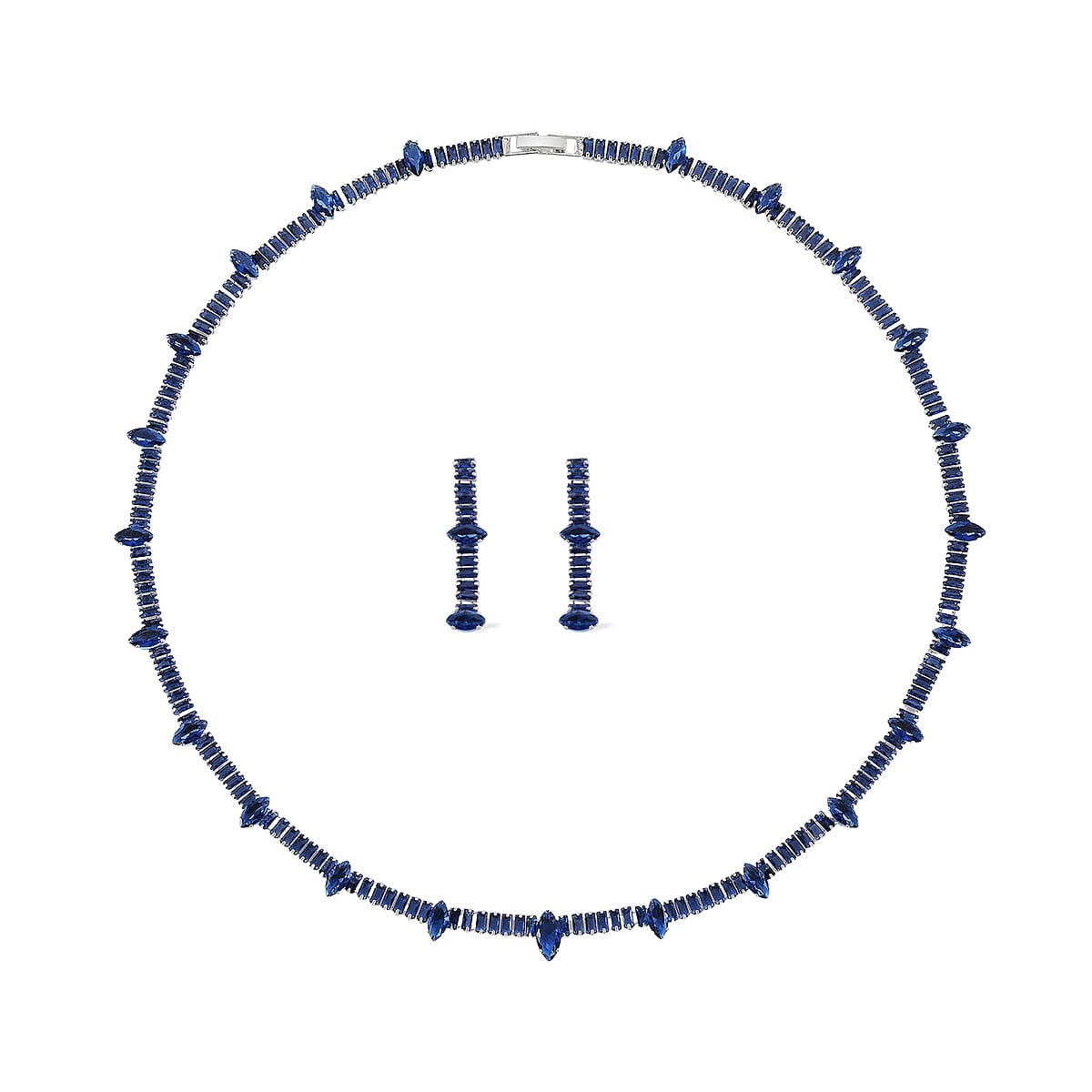 Doorbuster Simulated Blue Diamond Designer Style Everyday Luxury Set Necklace 20 Inches and Earrings in Silvertone image number 0