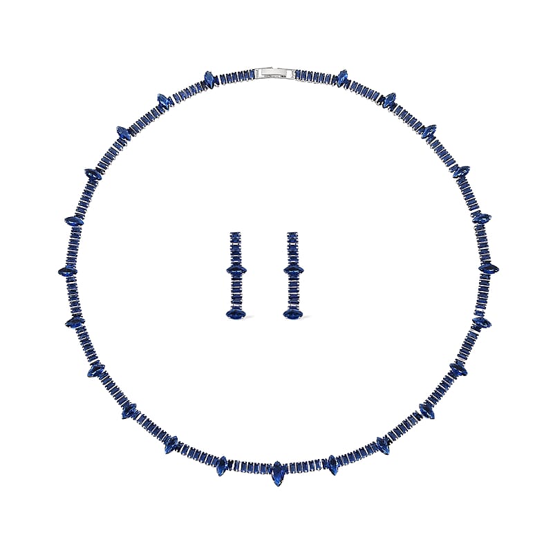 Simulated Blue Diamond Designer Style Everyday Luxury Set Necklace 20 Inches and Earrings in Silvertone